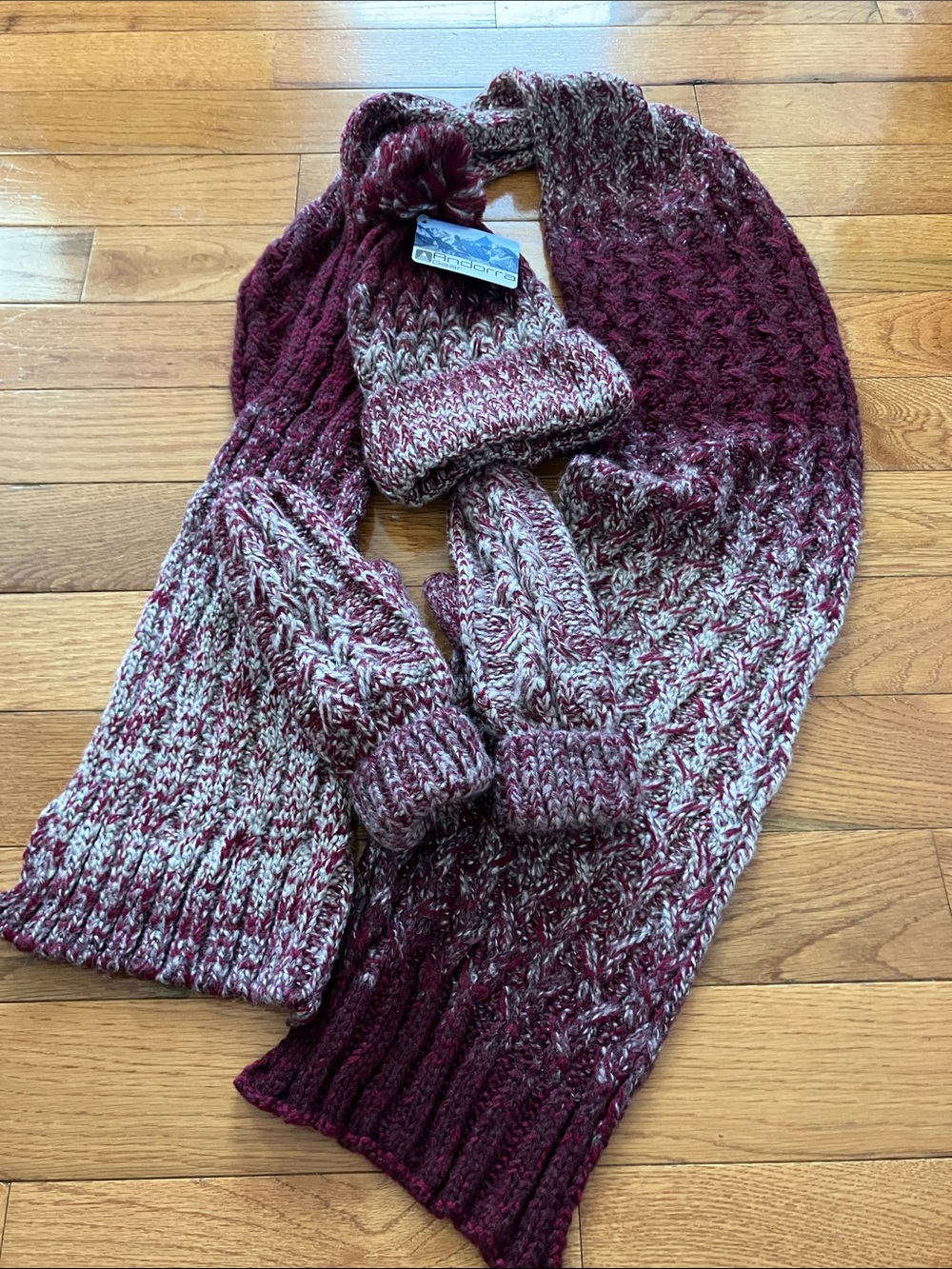 NWT Andorra Gear Set of Red Marled Mittens, Pompom Knit Hat, and Scarf
